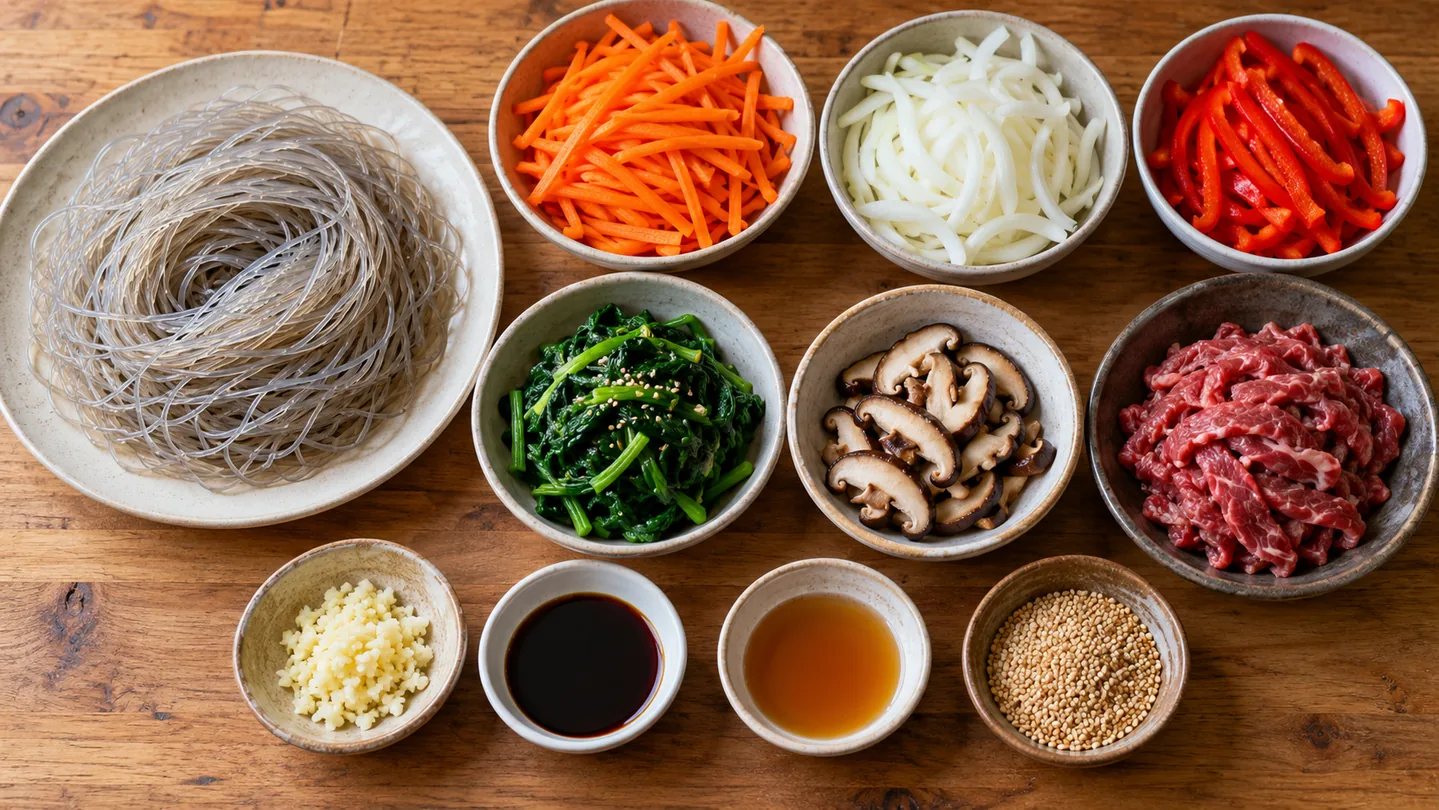 Dangmyeon, zelenina, shiitake, hovězí a dochucovadla na Japchae