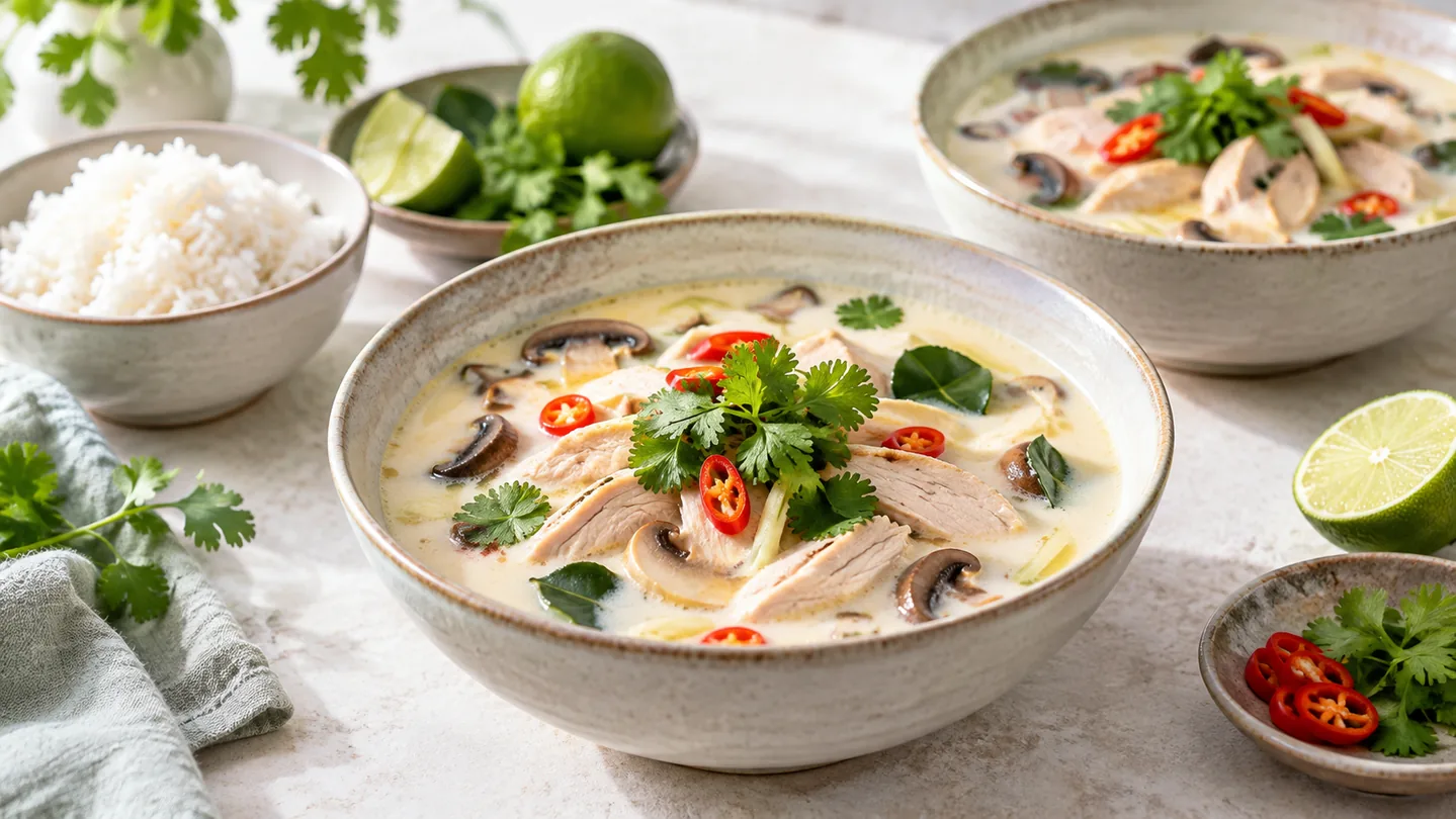 Servírovaná Tom Kha Gai s jasmínovou rýží, limetou a koriandrem