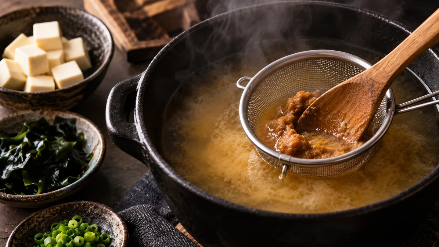 Rozpouštění miso pasty v horkém dashi