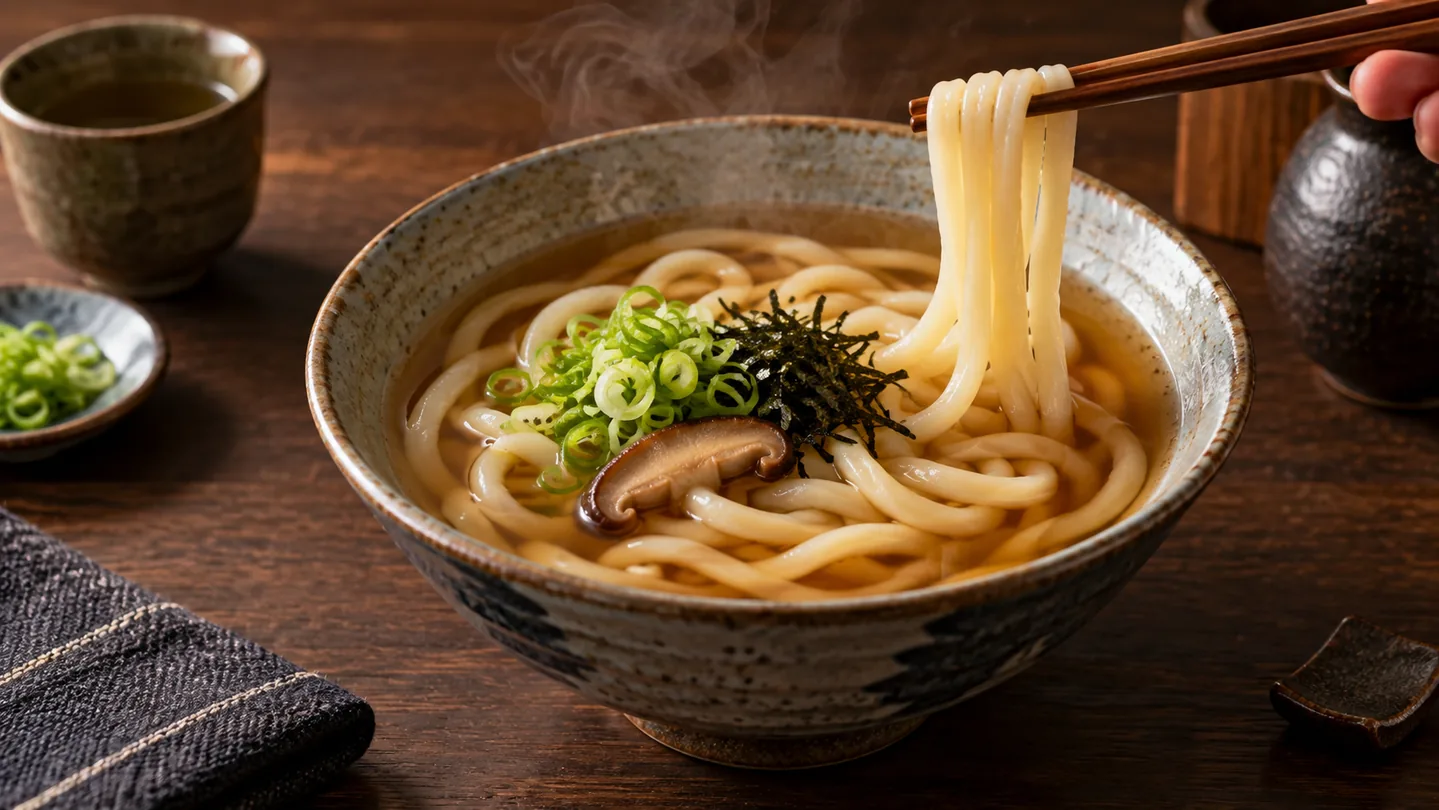 Kake udon v teplém tsuyu s jarní cibulkou, nori a shiitake