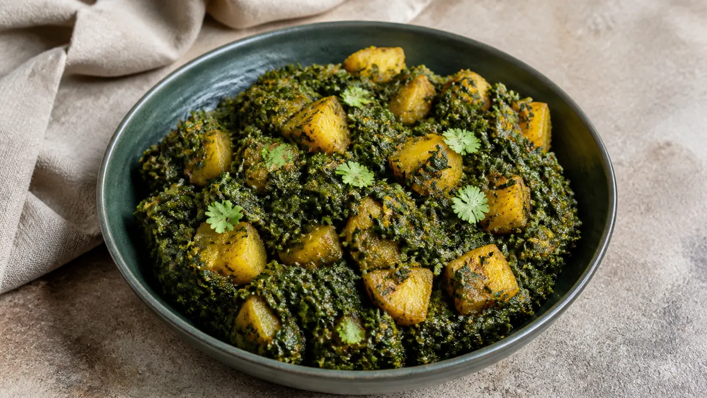 Saag Aloo s celými kousky brambor v husté směsi listové zeleniny
