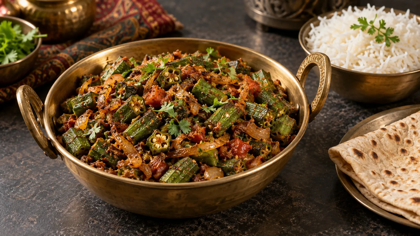 Bhindi masala z okry, cibule, rajčat a koření s basmati rýží