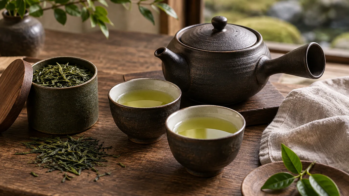 Sencha, konvička kyusu a dva šálky zeleného čaje