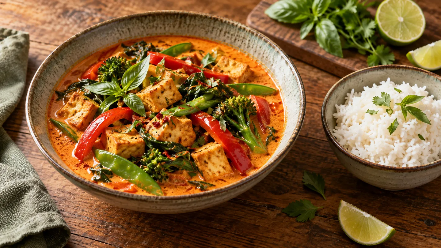 Červené kari s tofu, zeleninou a jasmínovou rýží