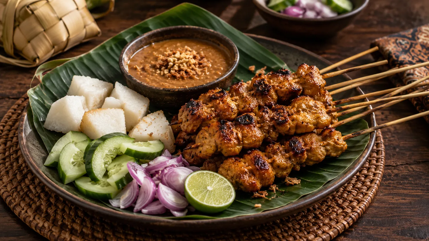 Indonéské kuřecí satay s arašídovou omáčkou, okurkou, šalotkou a limetou
