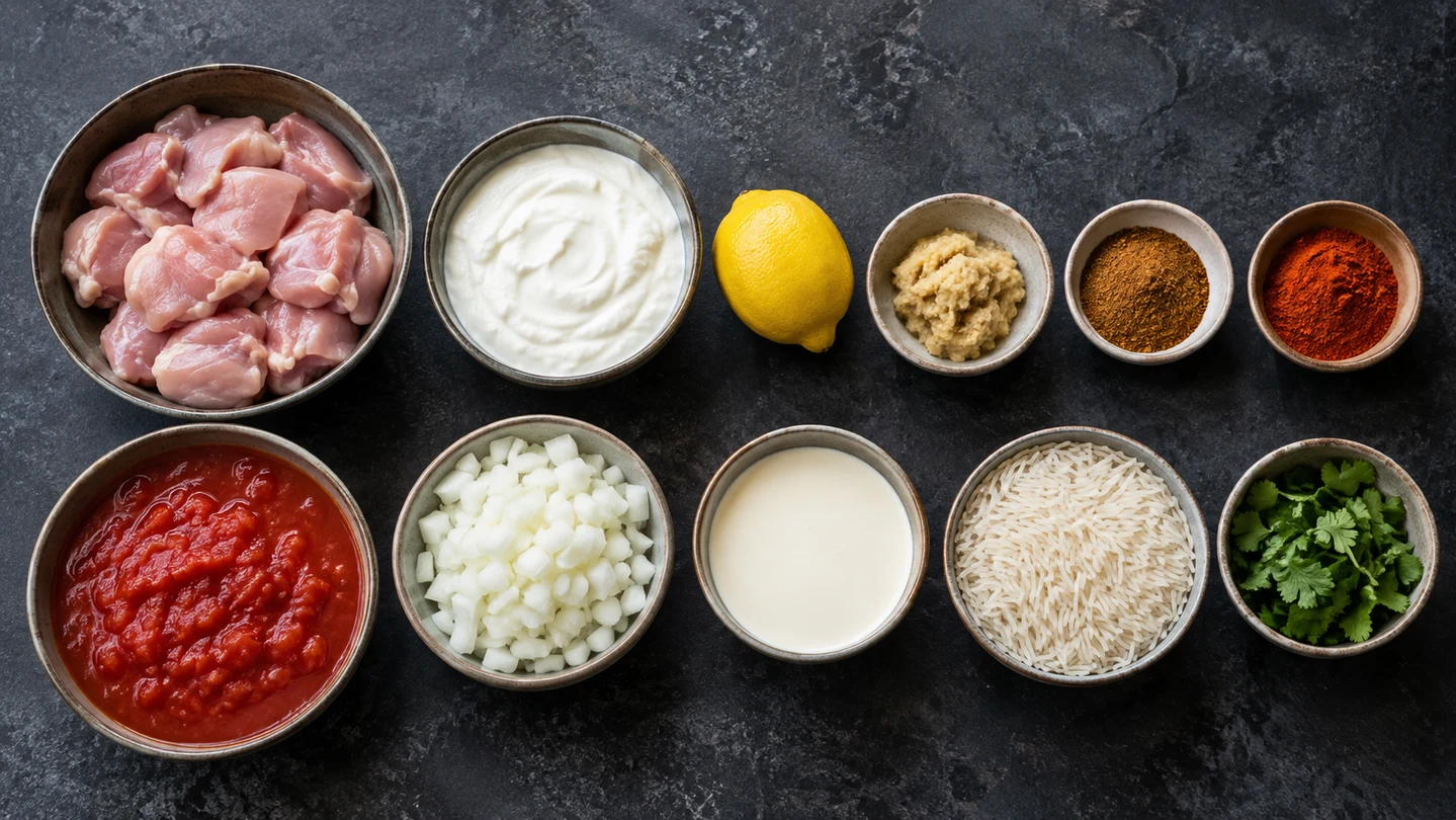 Kuře, jogurt, rajčata, cibule, smetana, koření a basmati rýže na Tikka Masala