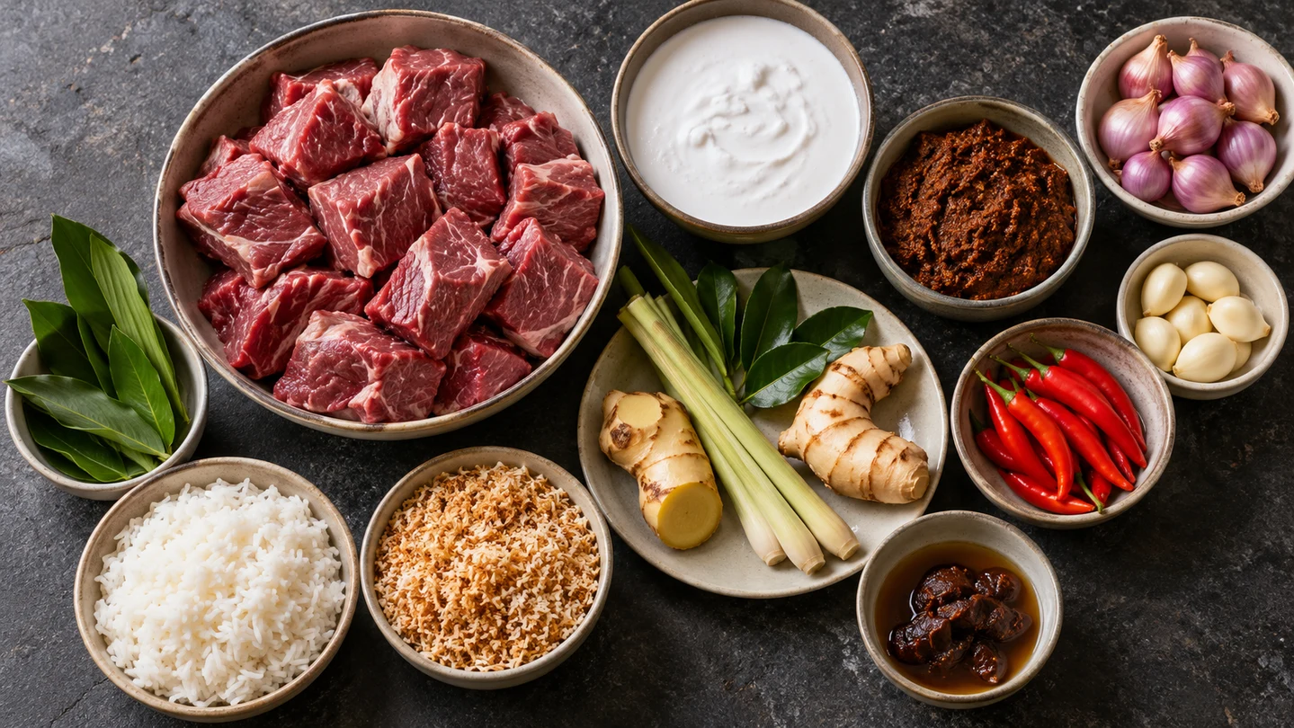 Suroviny na hovězí rendang