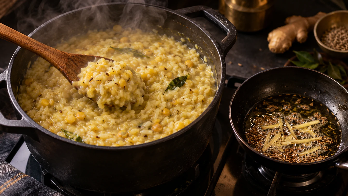 Vaření khichdi a příprava kořeněné tadky