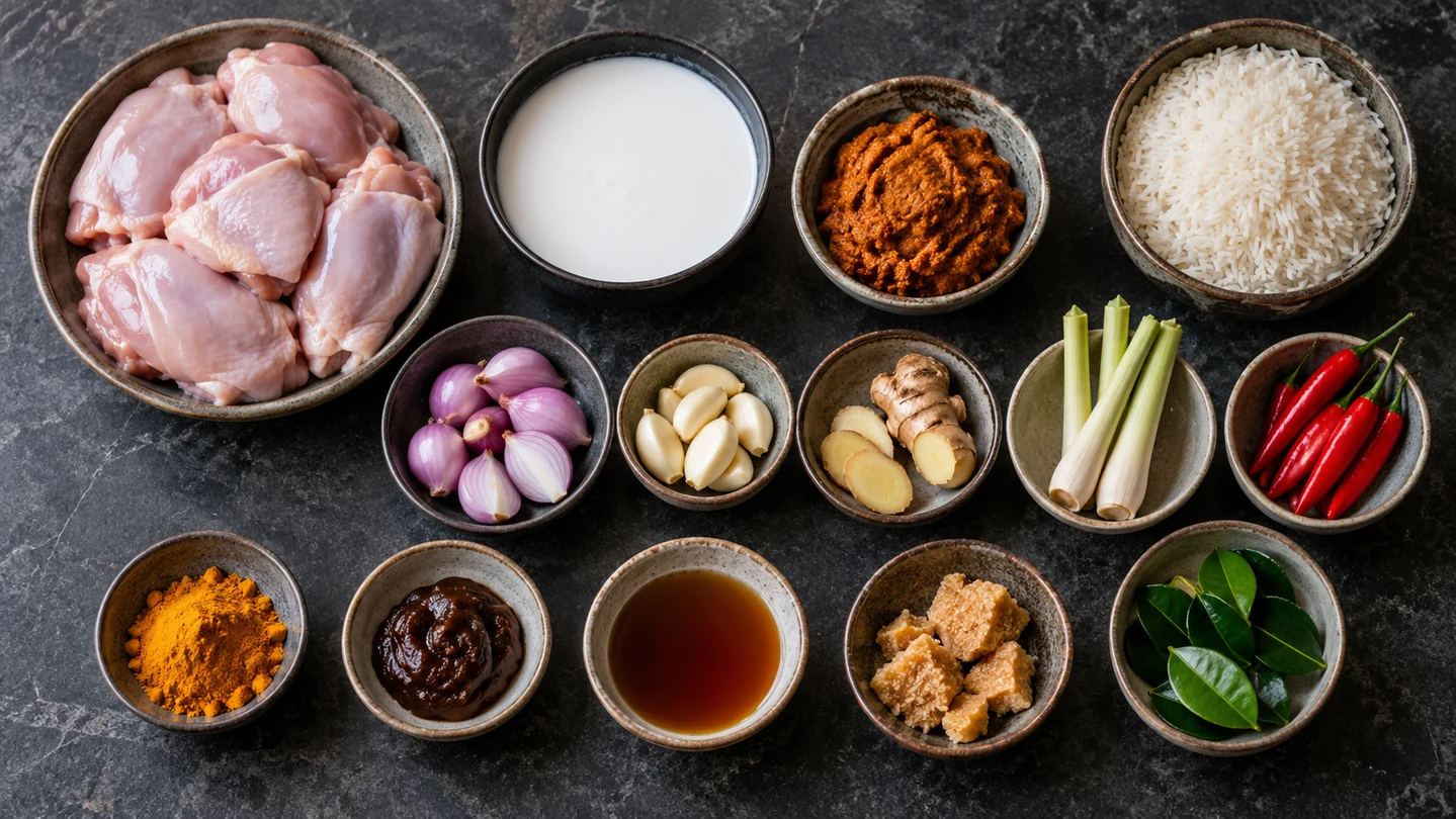 Kuře, kokosové mléko, Nyonya pasta, šalotky, citronová tráva, chilli, tamarind a jasmínová rýže