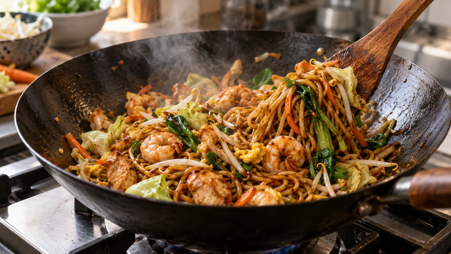 Dokončování Mee Goreng v rozpáleném woku