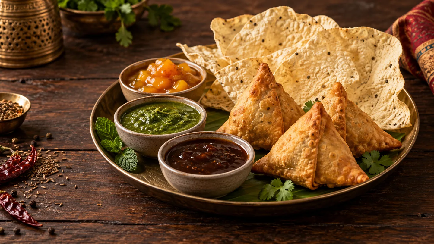 Papadum a samosy podávané s mangovým, mátovým a tamarindovým chutney