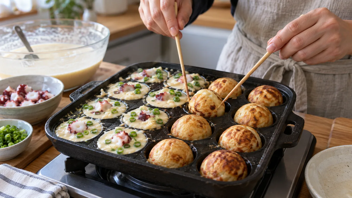 Postupné otáčení takoyaki v pánvi s polokulatými prohlubněmi
