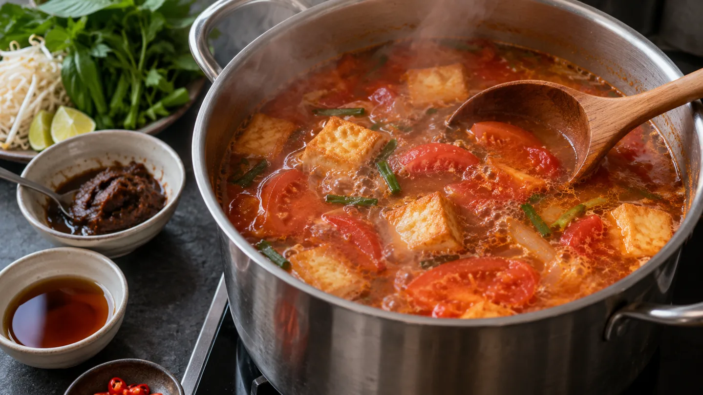 Mírně vroucí rajčatový vývar s tofu pro Bún Riêu