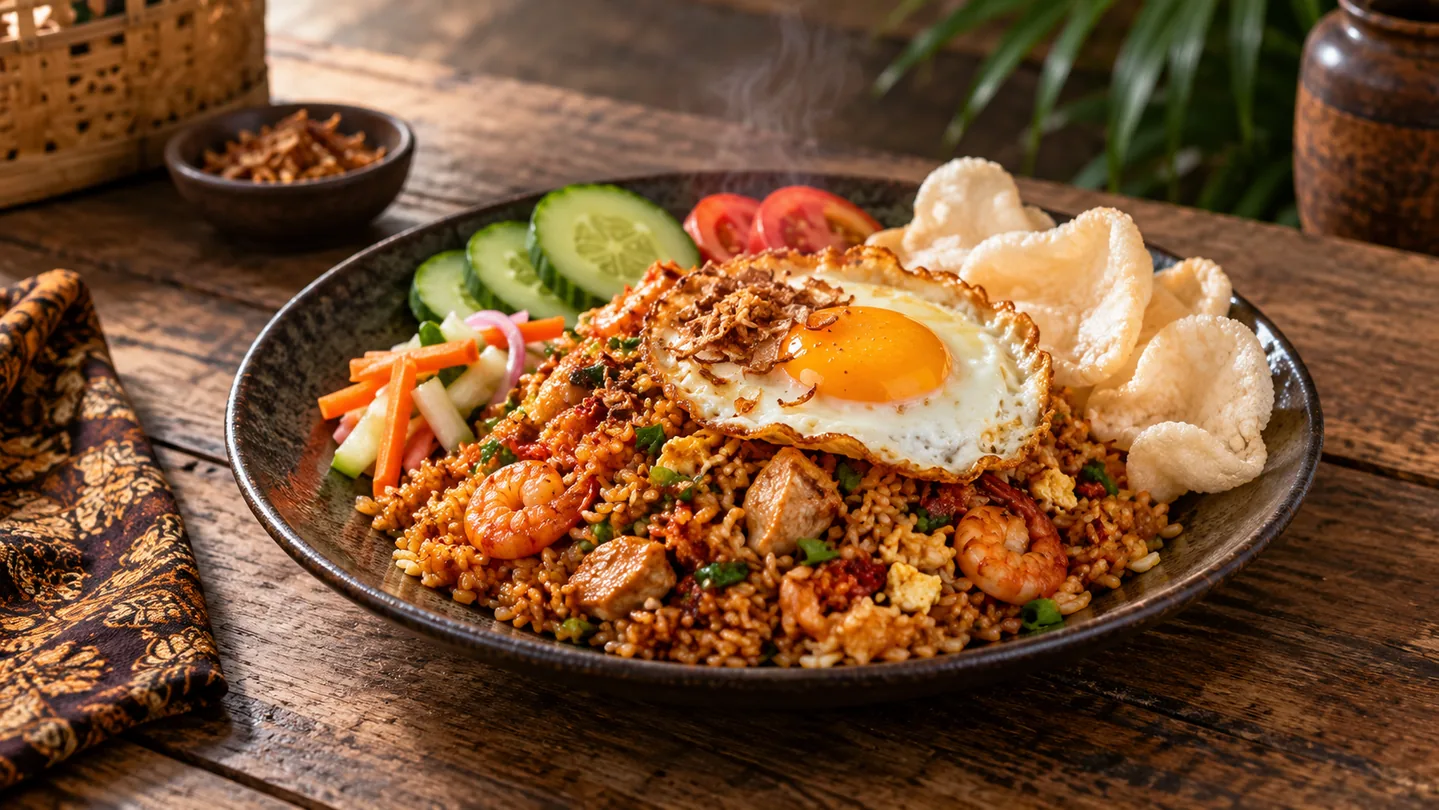 Indonéská smažená rýže Nasi Goreng s vejcem, zeleninou a krekry