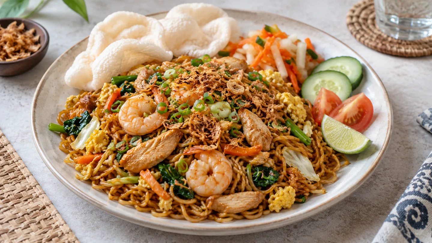 Hotové Bami Goreng s acarem, zeleninou a krekry