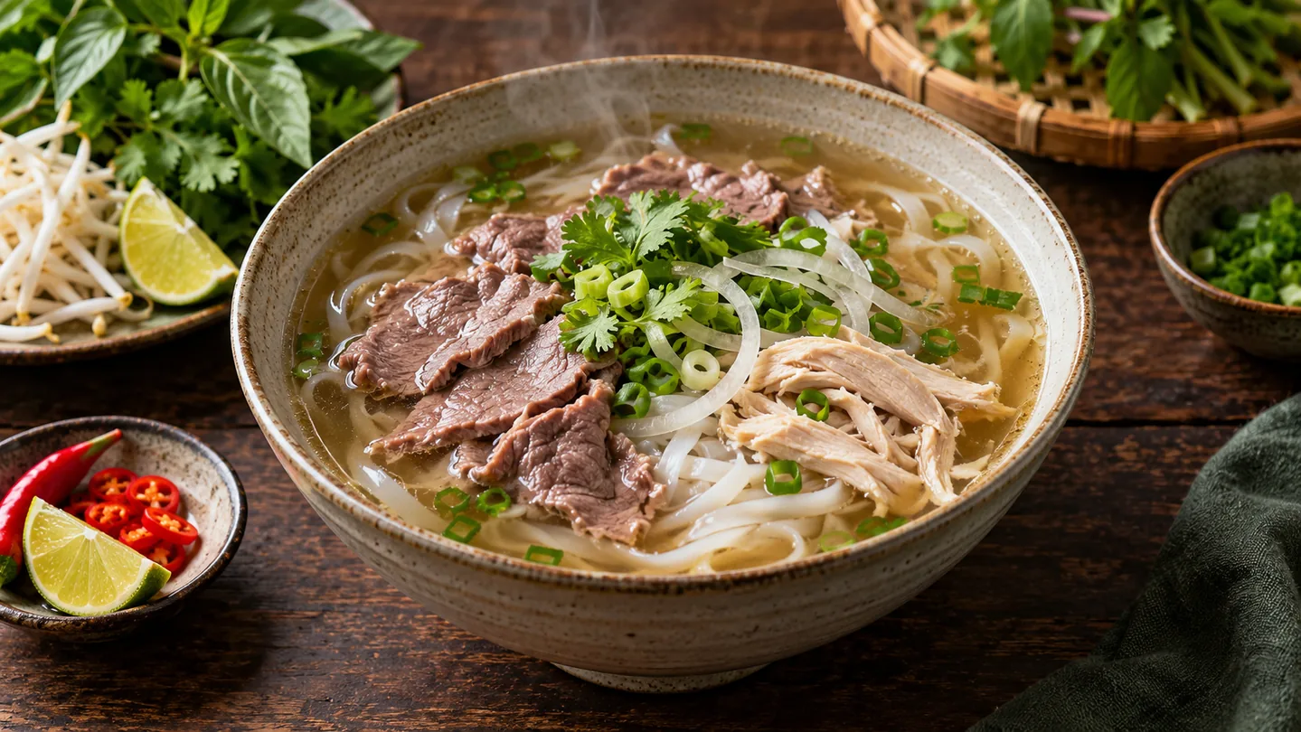 Vietnamská polévka pho s rýžovými nudlemi, hovězím a kuřecím masem