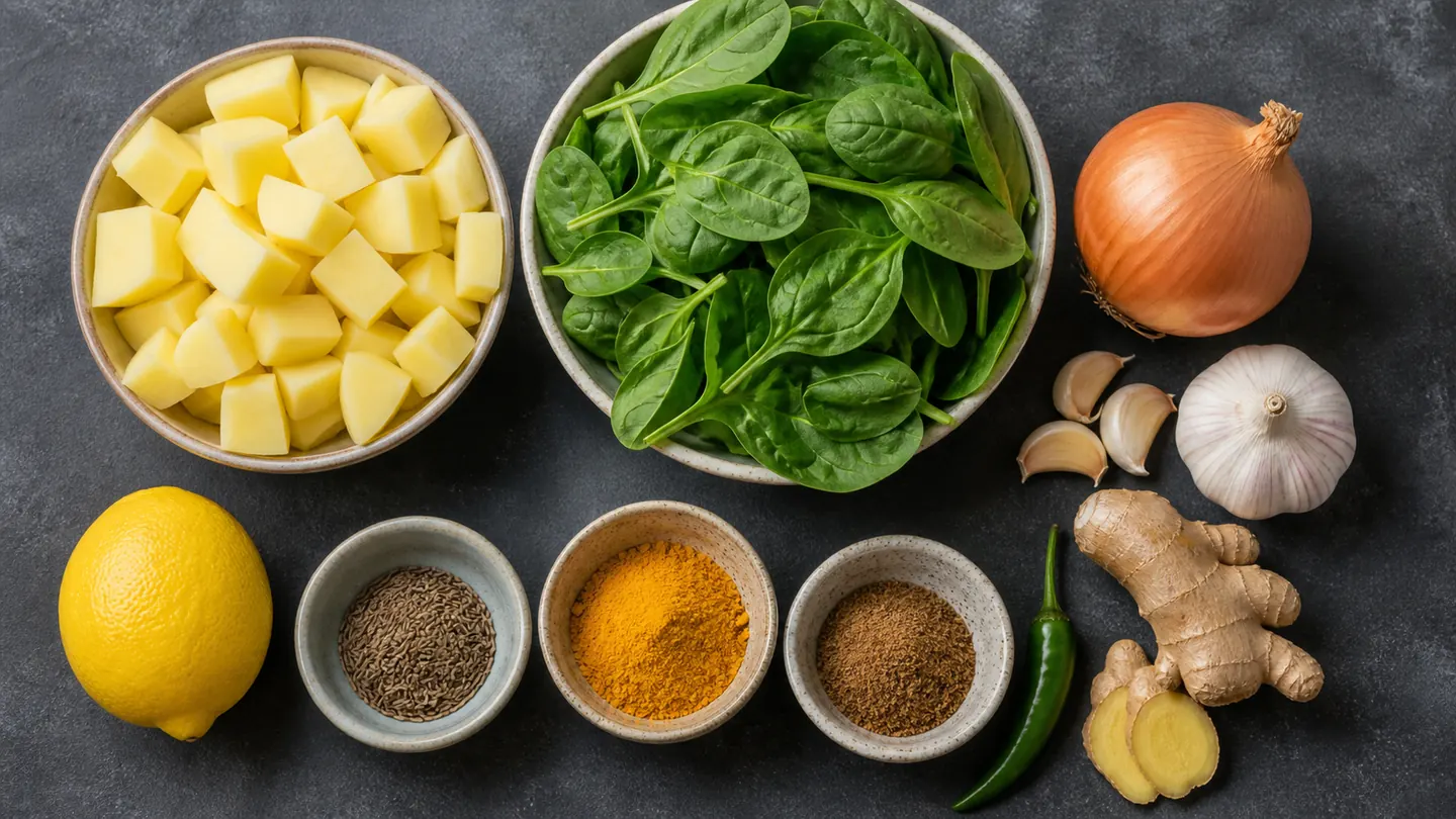 Brambory, špenát, cibule, česnek, zázvor, citron a koření na Saag Aloo