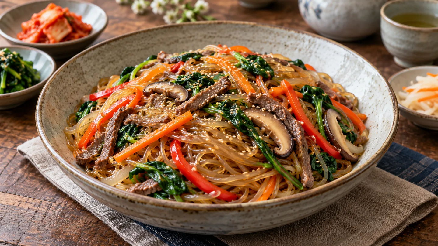 Korejské Japchae s hovězím, zeleninou a shiitake