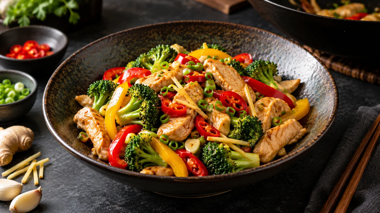 Chilli Ginger Garlic Stir Fry s kuřetem, paprikou a brokolicí