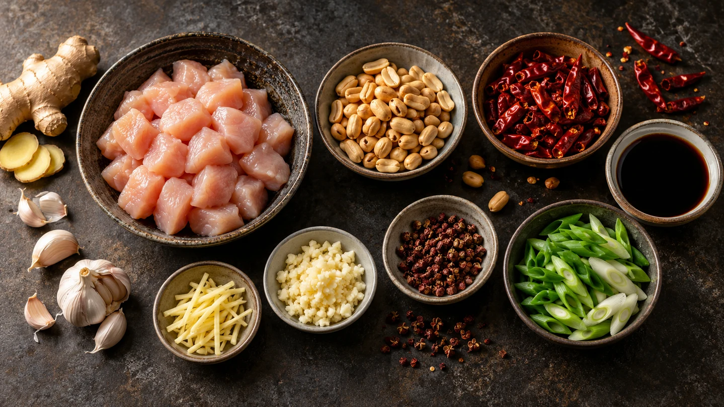 Kuře, arašídy, chilli, sečuánský pepř, cibulka, zázvor, česnek a omáčka připravené na Kung Pao