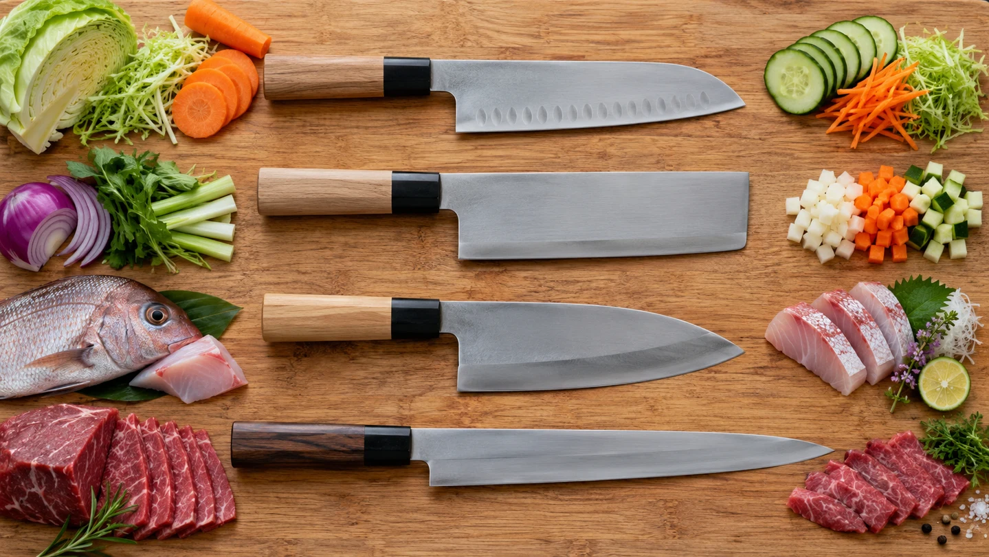 Santoku, nakiri, deba a sujihiki s vhodnými surovinami