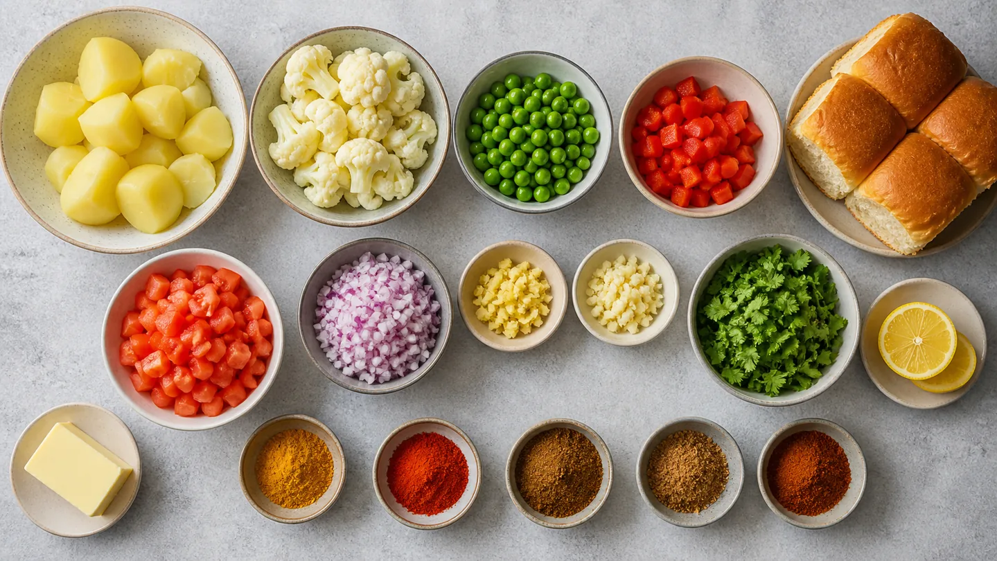 Brambory, květák, hrášek, paprika, rajčata, koření a bulky na Bombay Pav Bhaji