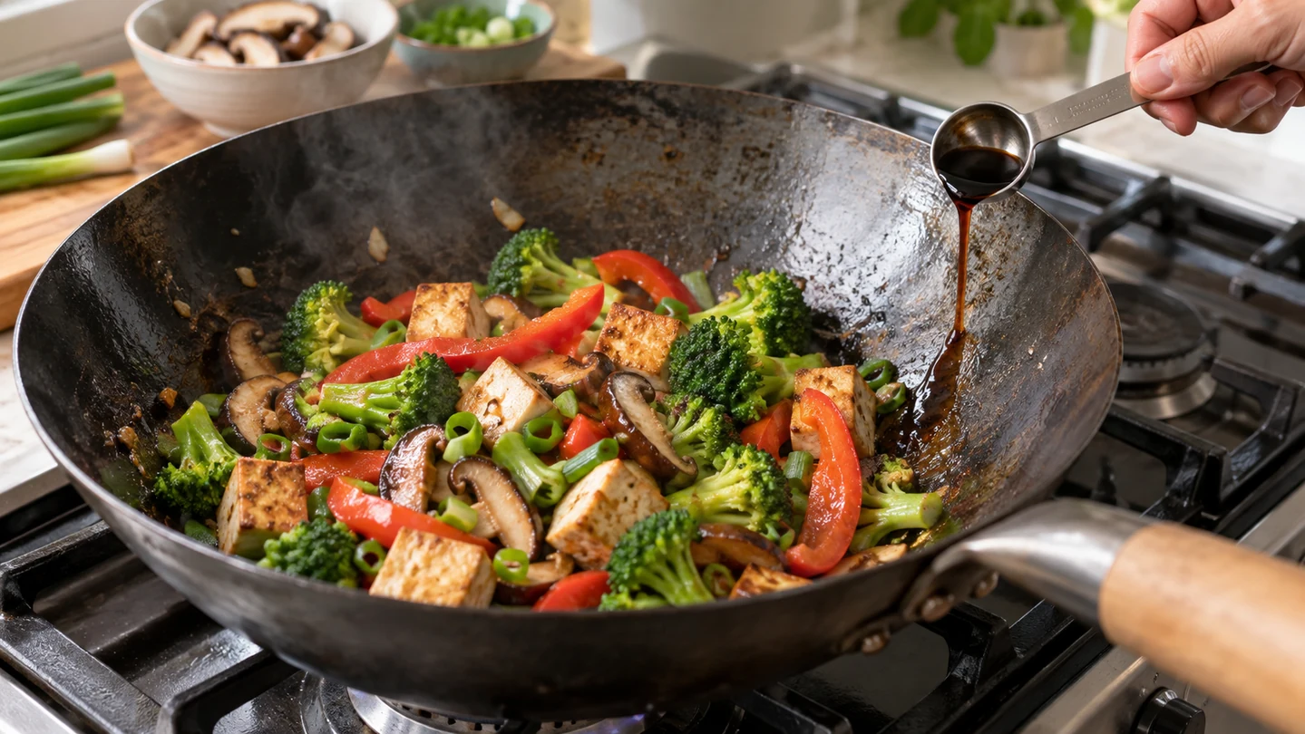 Houbová sójová omáčka přidávaná do woku s tofu, shiitake a zeleninou