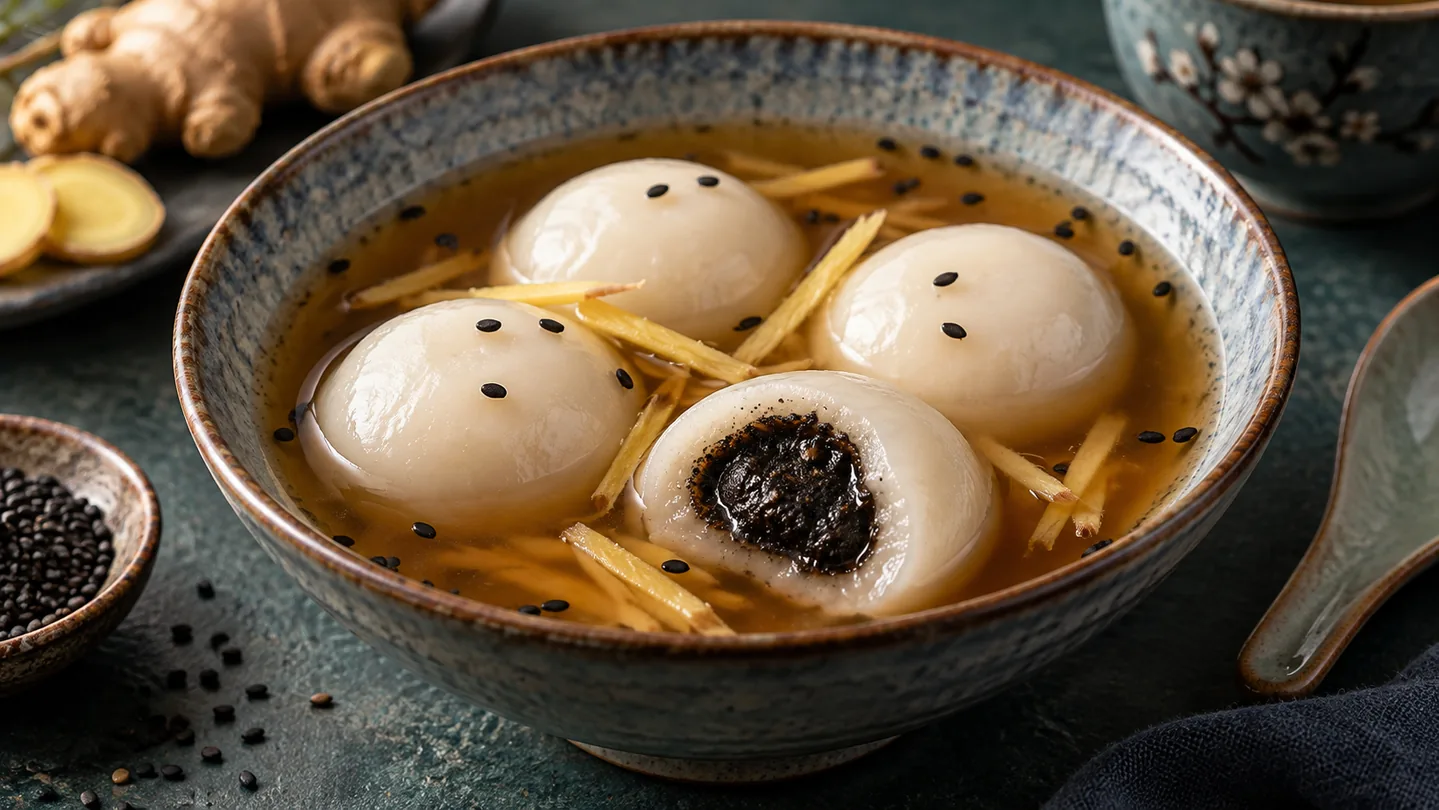 Tangyuan v zázvorovém sirupu s náplní z černého sezamu
