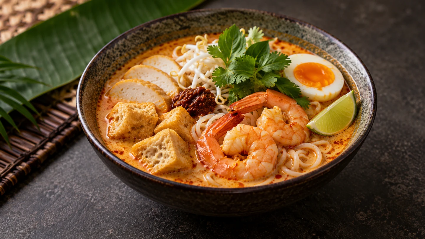 Kokosové kari nudle Laksa s krevetami, tofu a vejcem