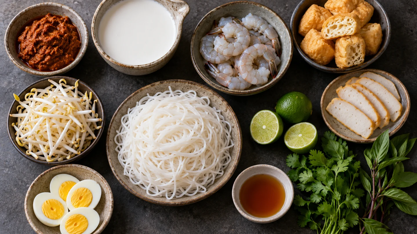 Suroviny na kokosové kari nudle Laksa