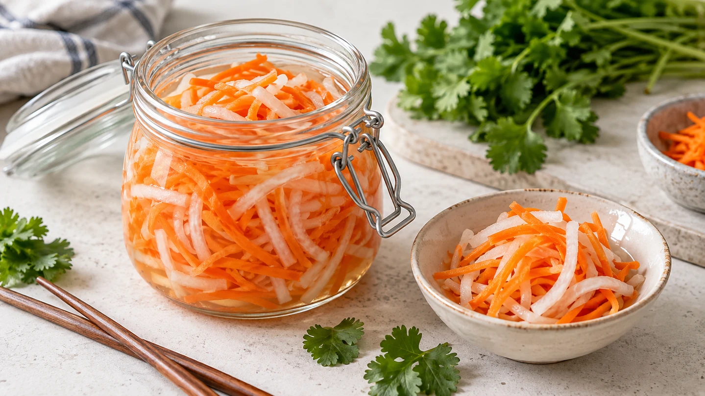 Rychle nakládaná mrkev a daikon v čirém sladkokyselém nálevu
