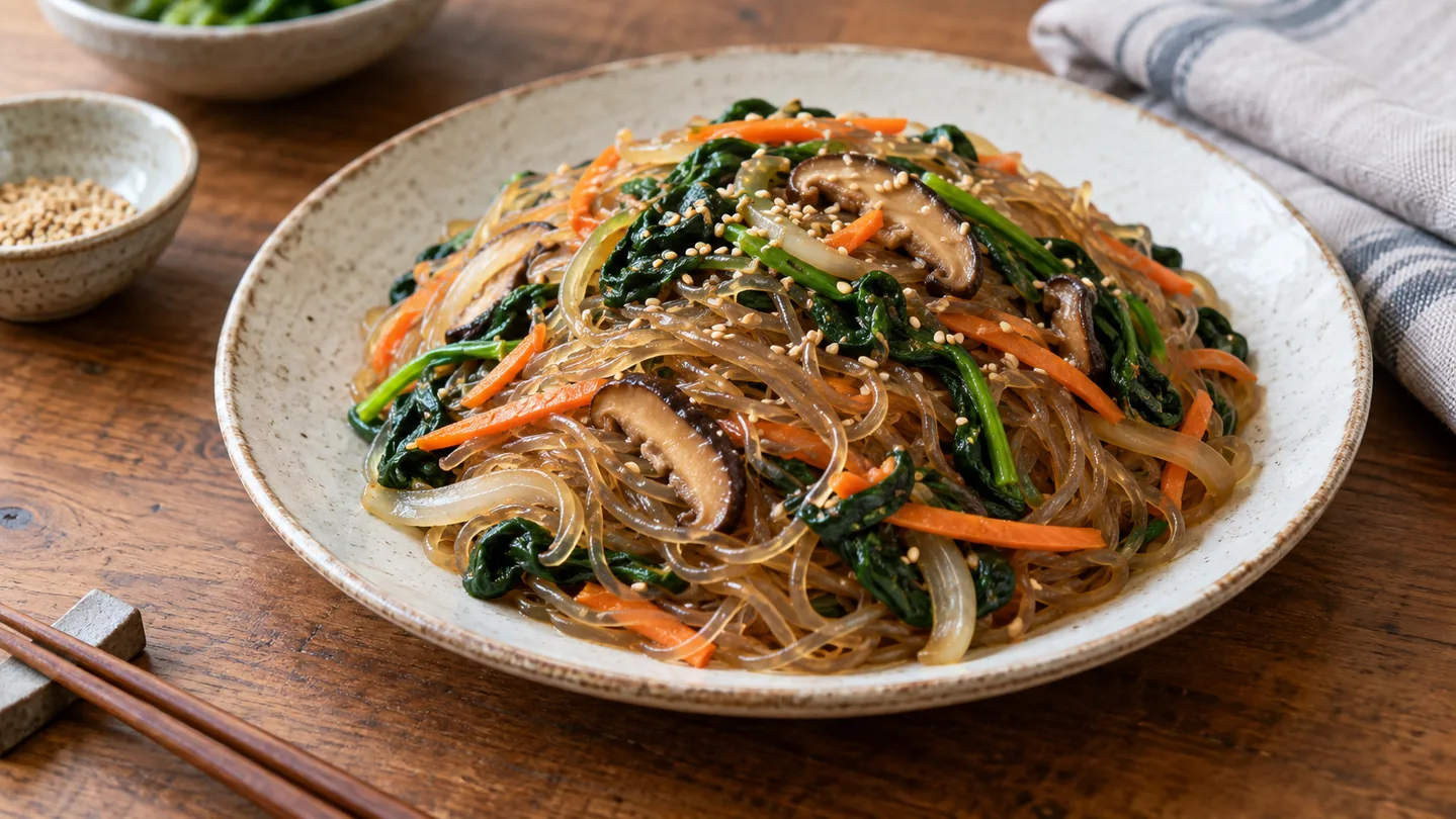 Zeleninové japchae z batátových nudlí, mrkve, hub a špenátu