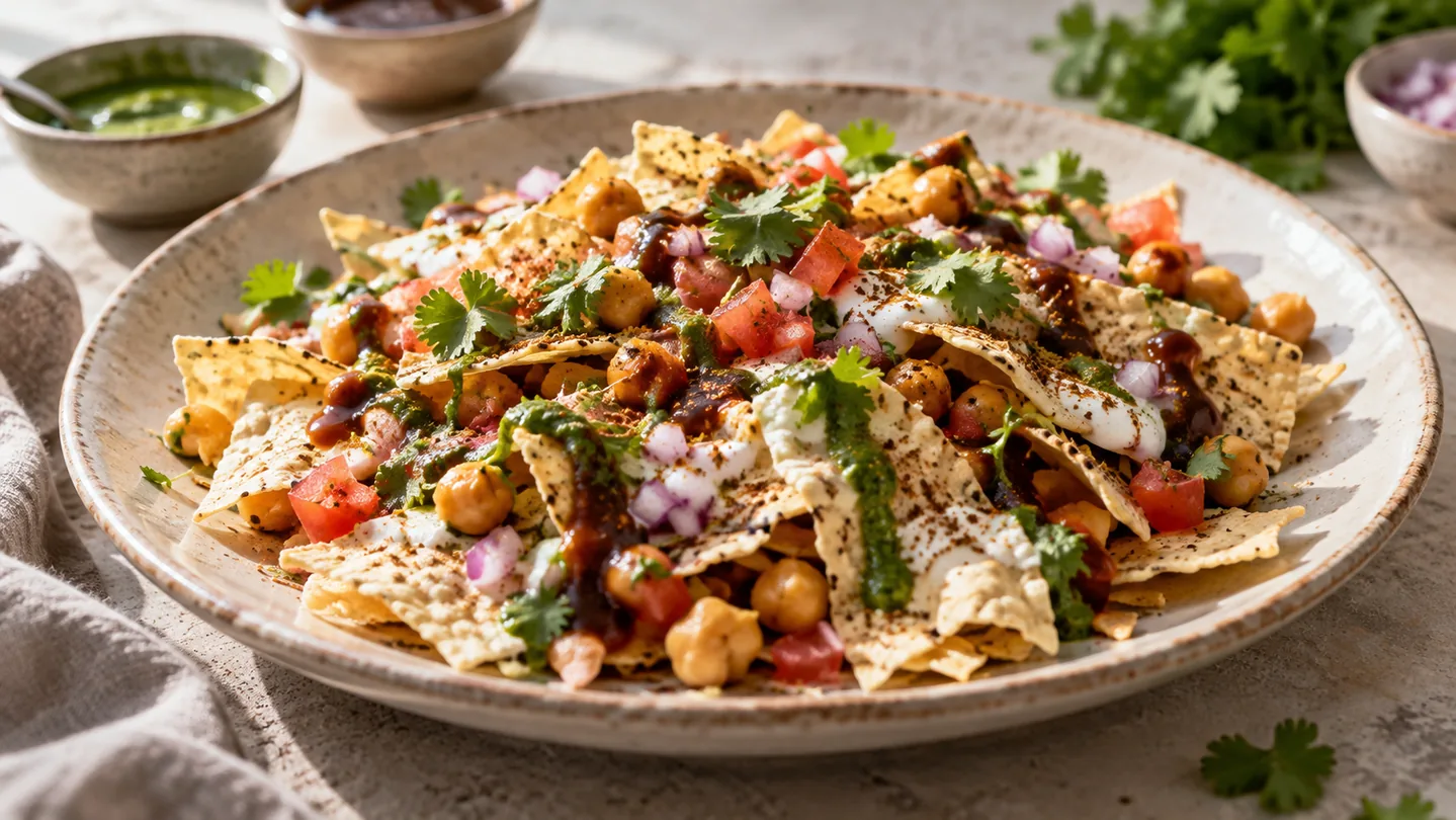 Papadum chaat s cizrnou, rajčetem, cibulí, jogurtem a chutney