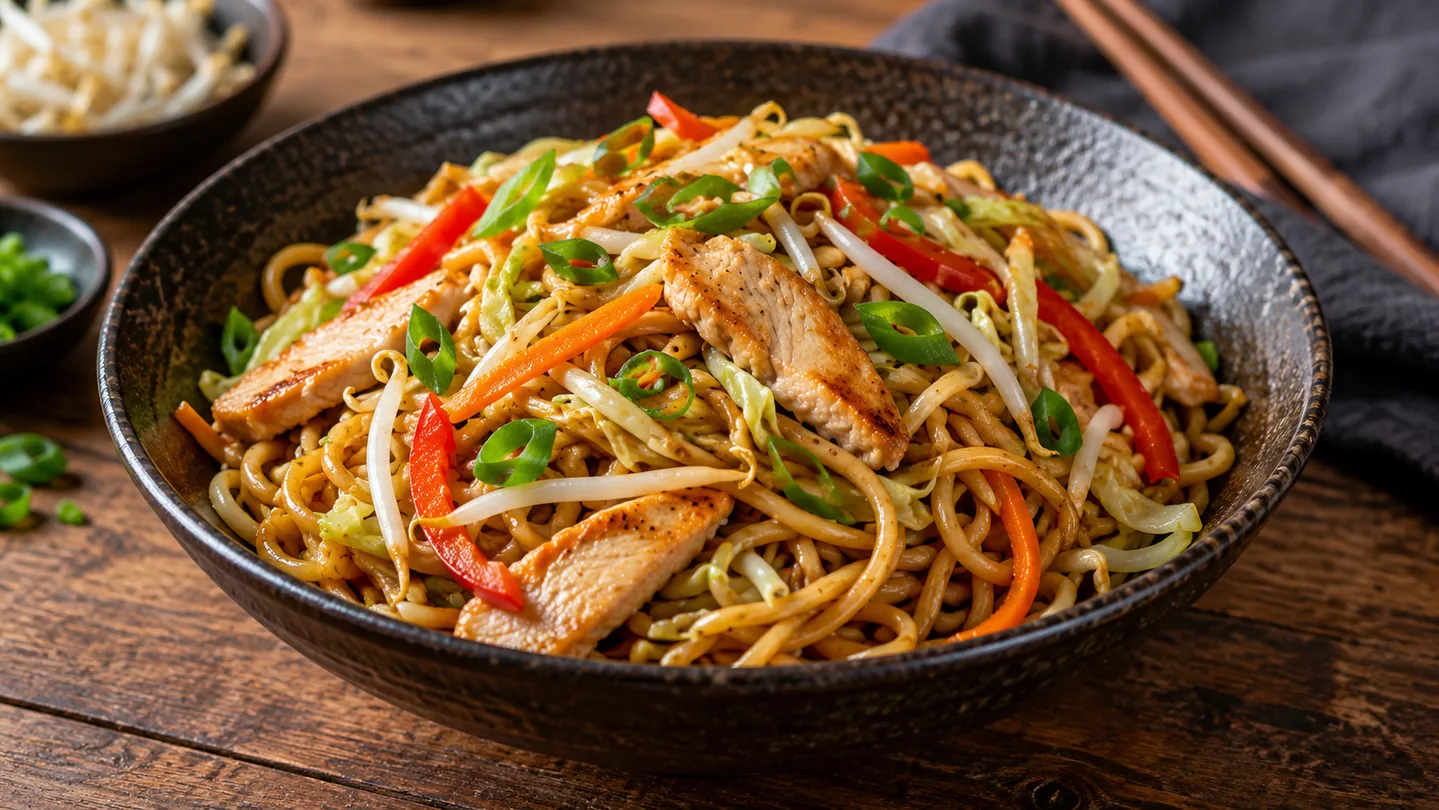 Kuřecí Chow Mein s pšeničnými nudlemi, zelím, mrkví, paprikou a klíčky