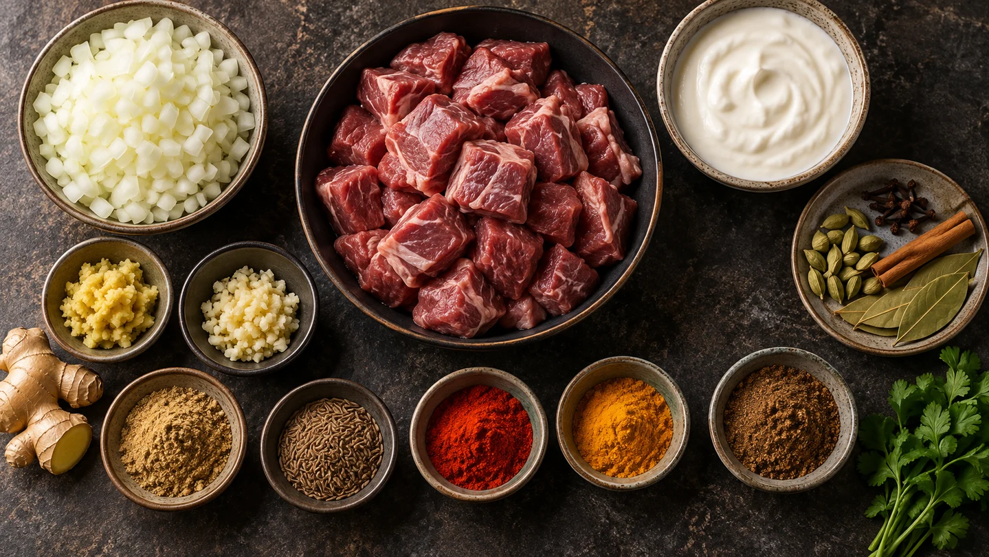 Jehněčí maso, cibule, jogurt a koření připravené na Rogan Josh