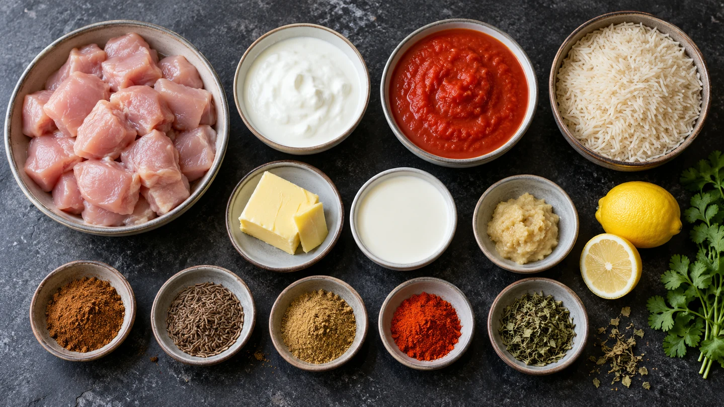Kuře, jogurt, rajčata, máslo, smetana, koření a basmati rýže na Murgh Makhani