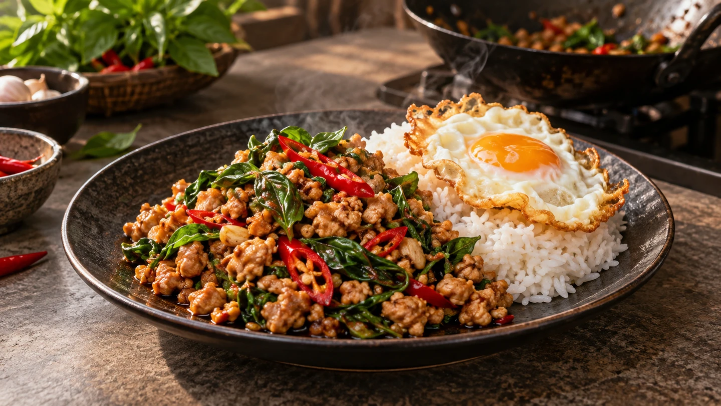 Pad krapow gai s bazalkou, chilli, rýží a vejcem