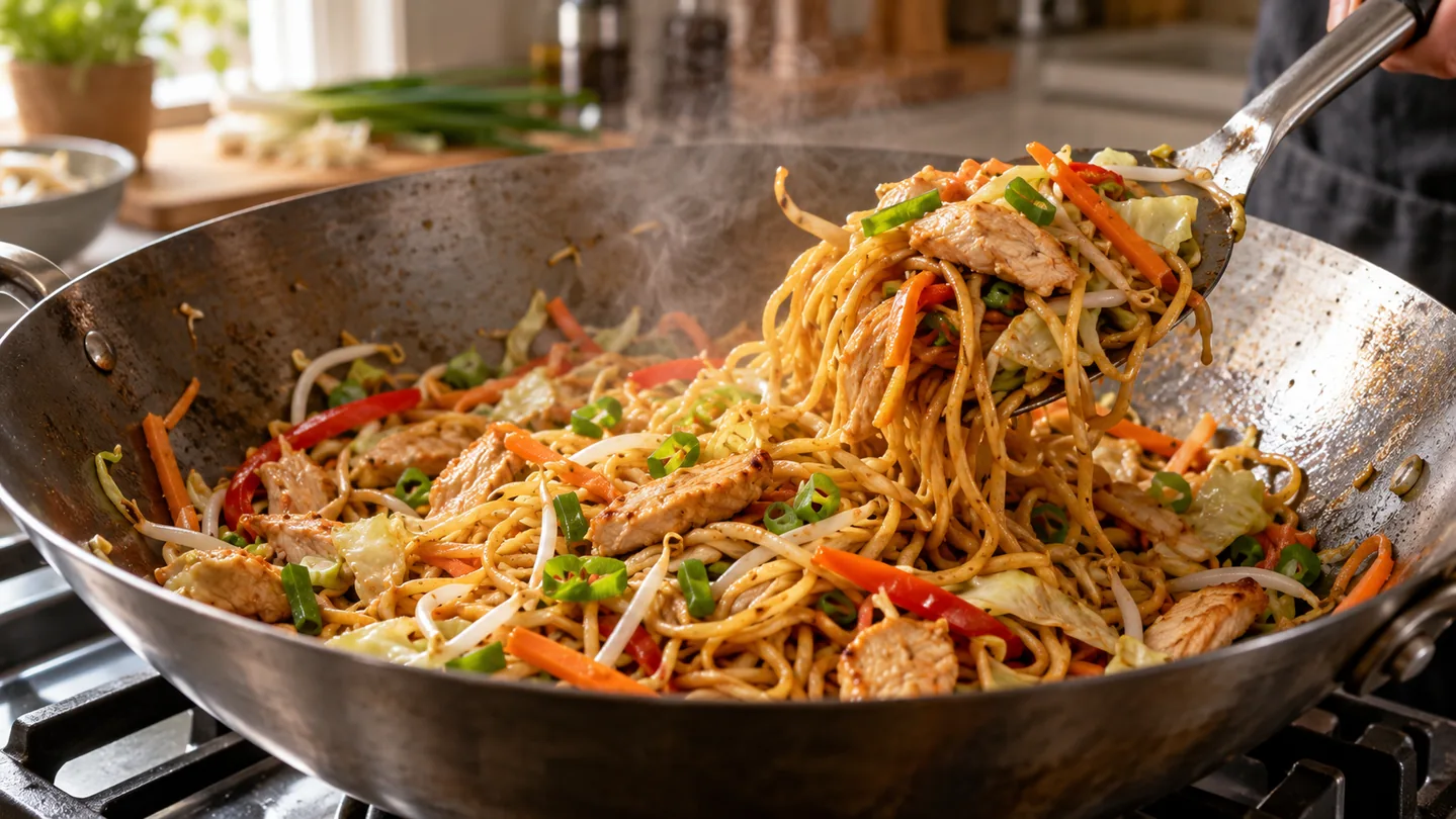 Prudké restování kuřecího Chow Mein ve woku