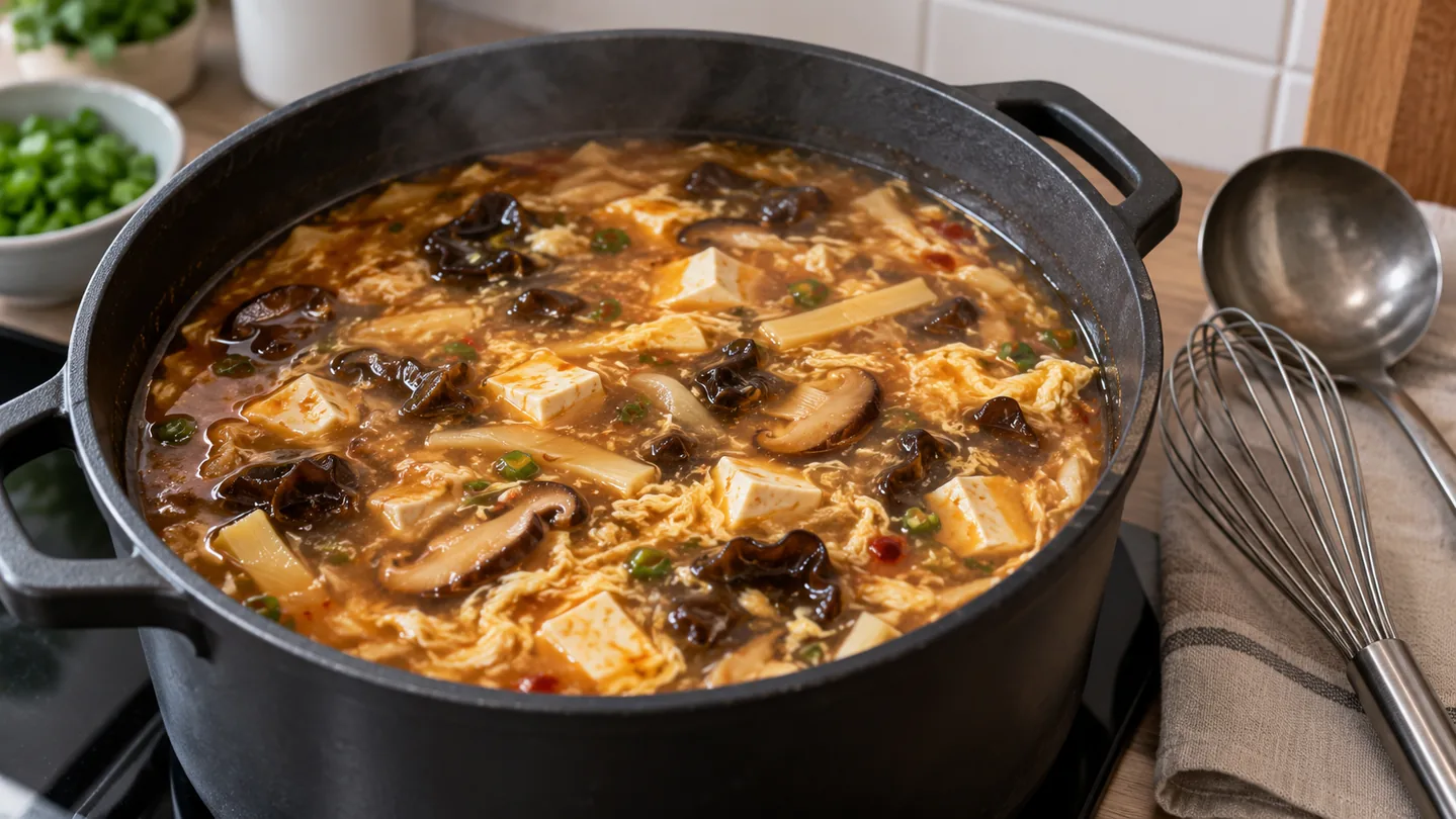 Dokončování polévky Hot and Sour s vaječnými stužkami