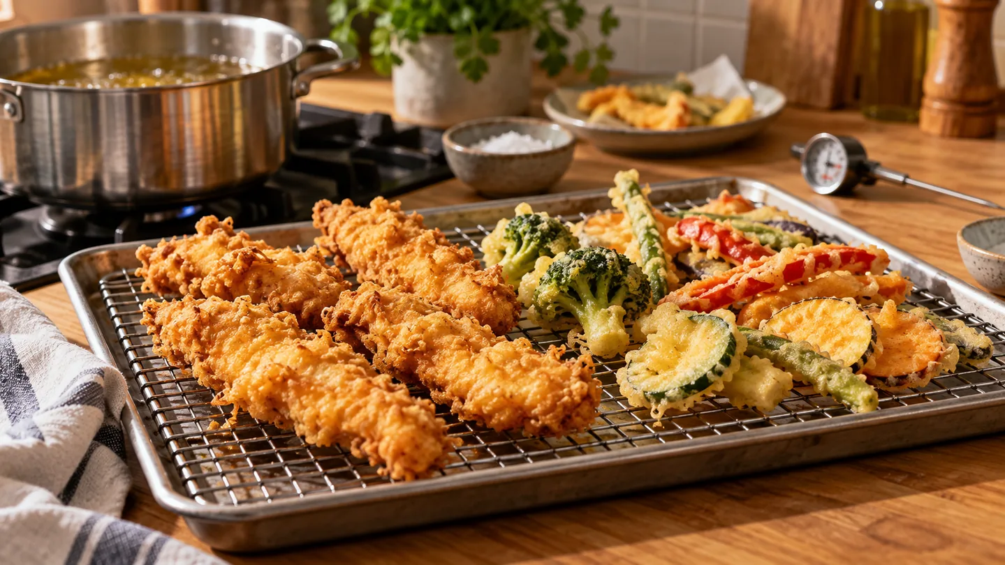 Kuřecí a zeleninová tempura odkapává na kovové mřížce