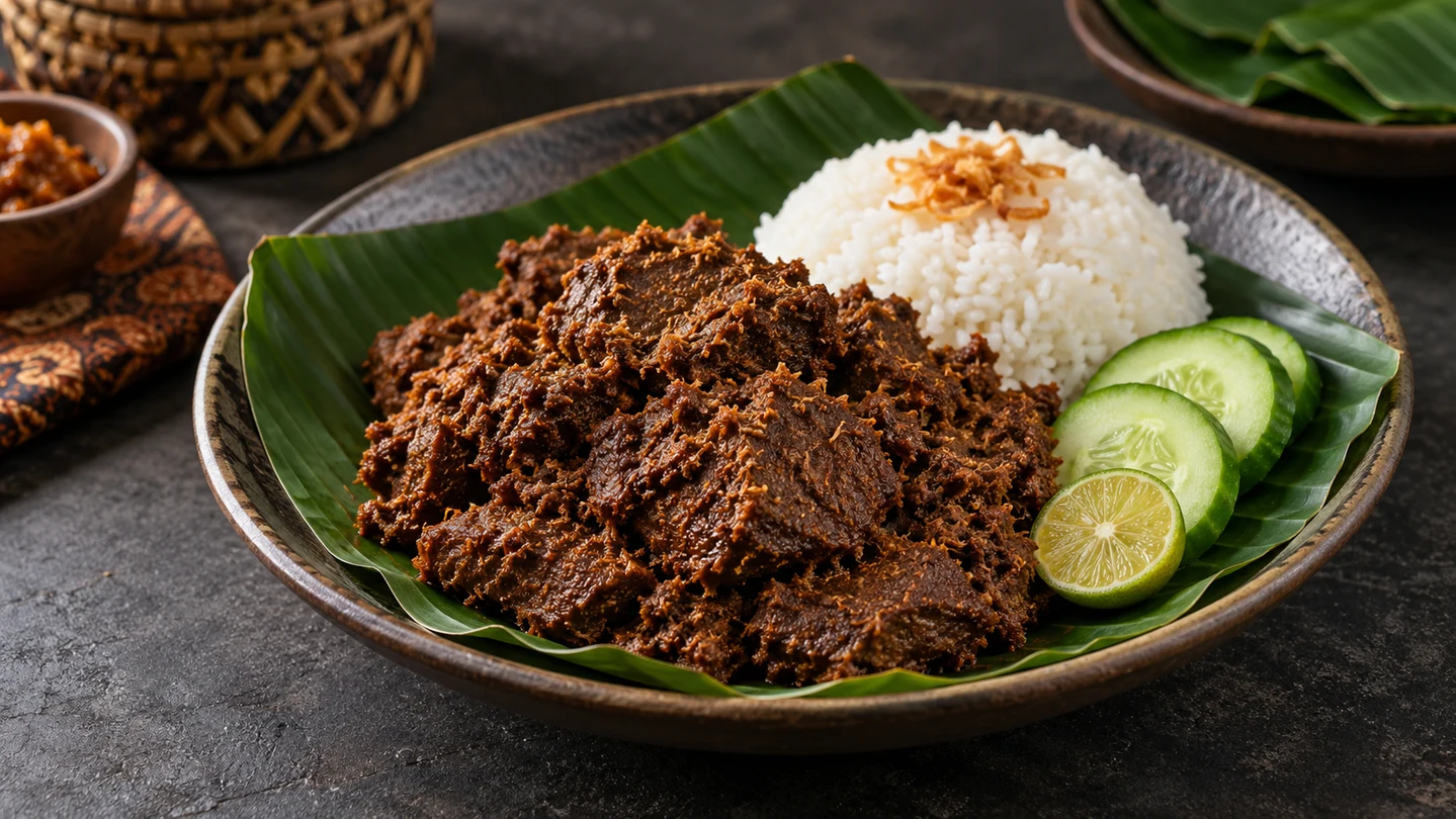 Hovězí rendang s jasmínovou rýží a okurkou