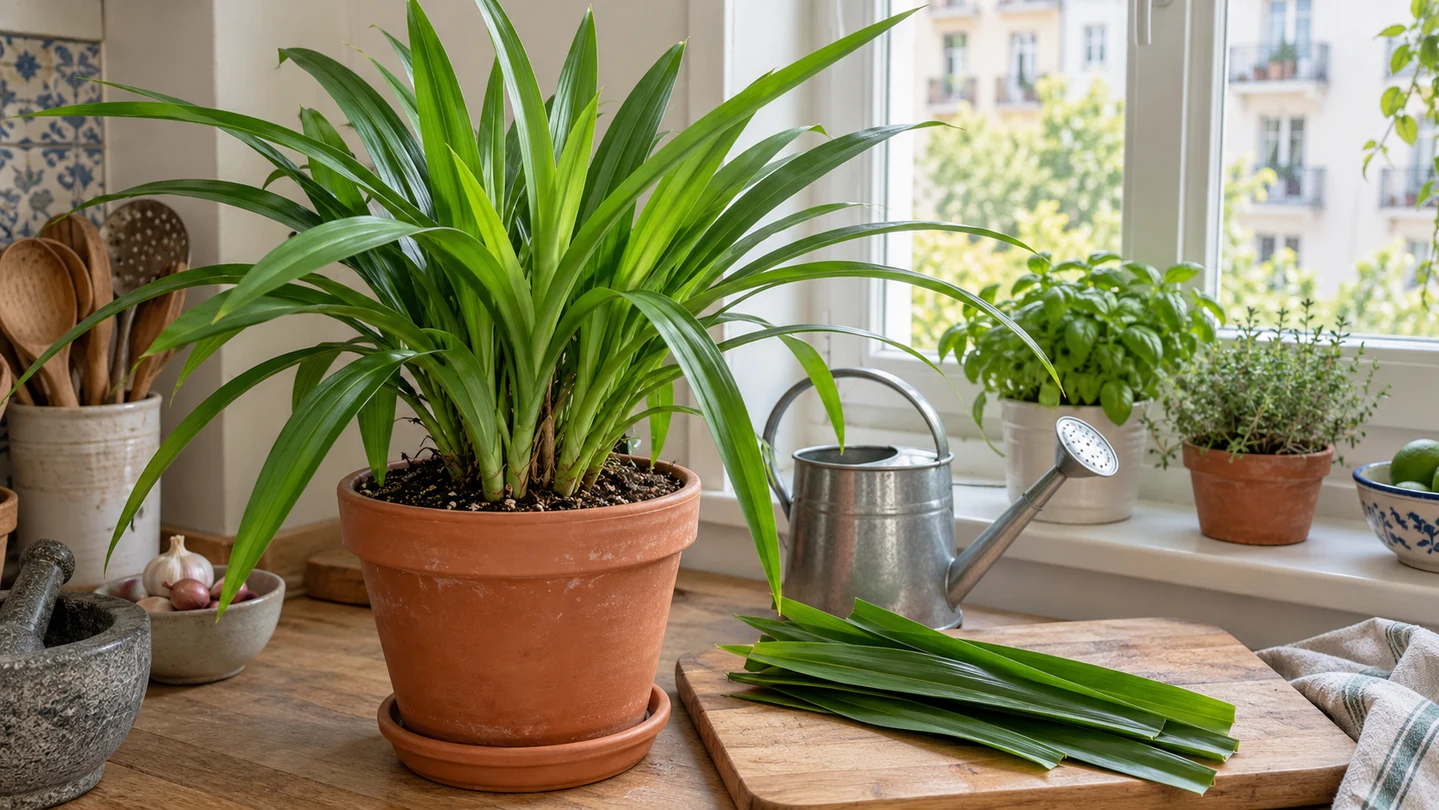 Pandanus amaryllifolius v květináči na světlém místě s konví a sklizenými listy