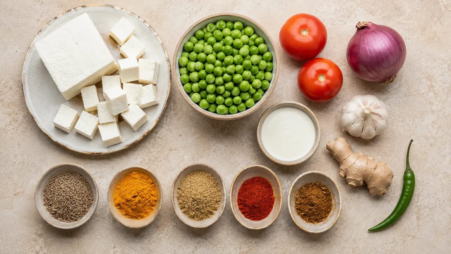 Paneer, hrášek, rajčata, cibule, aromatika a koření na Matar Paneer