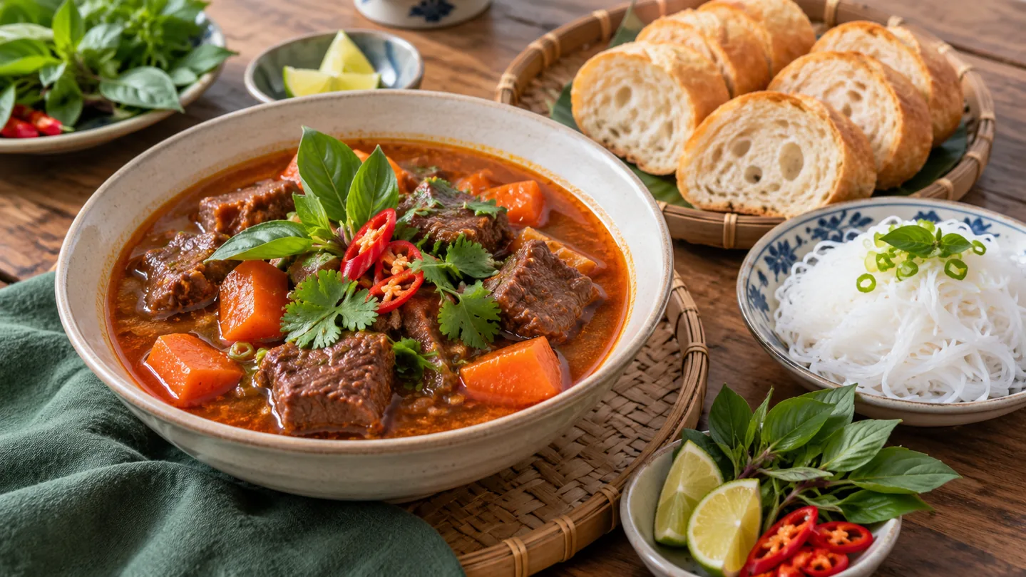 Bò Kho podávané s bagetou, rýžovými nudlemi, bylinkami a limetou