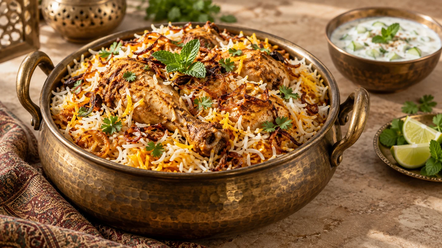 Kuřecí Indian Biryani s basmati rýží, smaženou cibulí a bylinkami