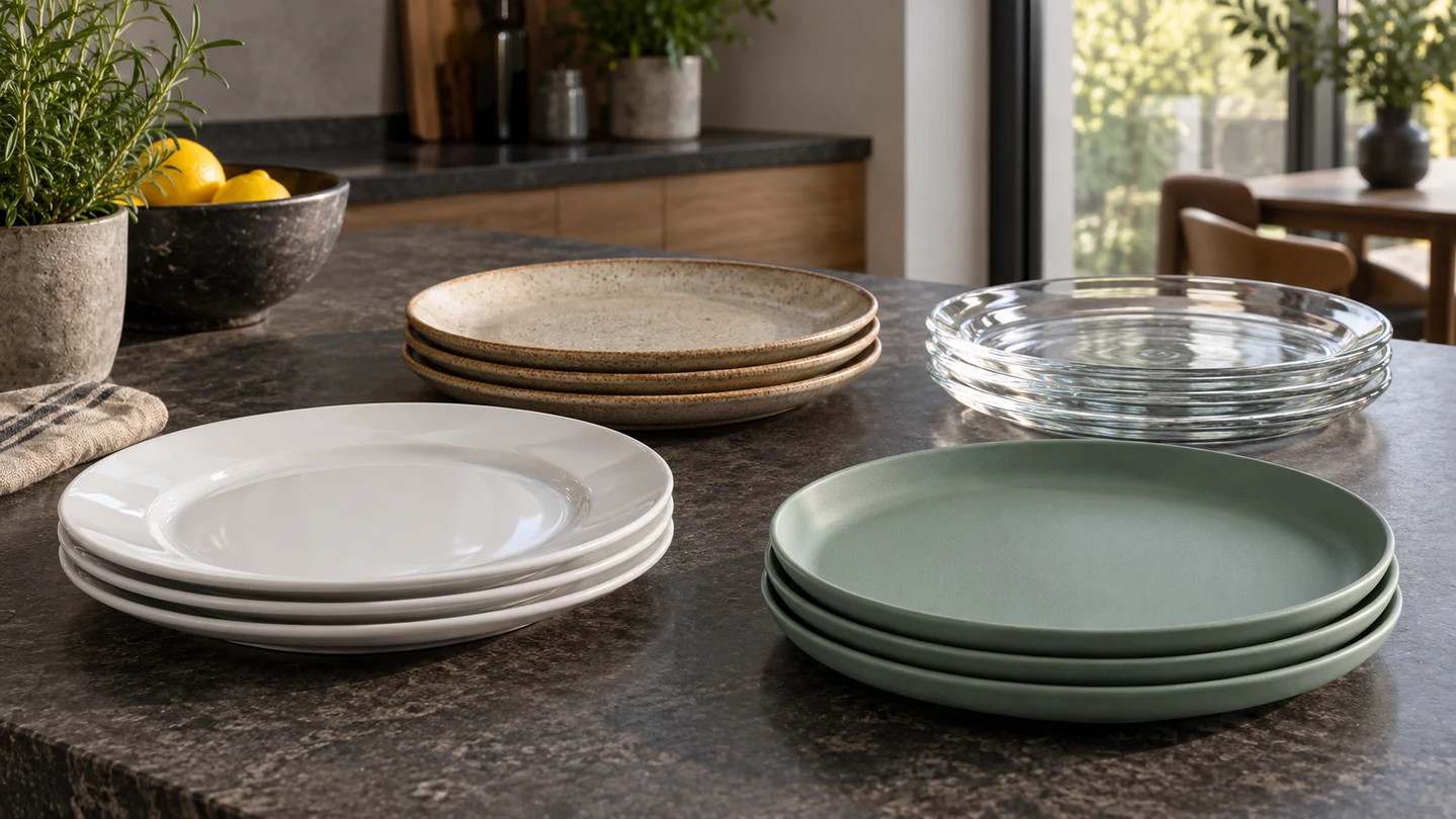 Srovnání porcelánových, kameninových, skleněných a melaminových talířů