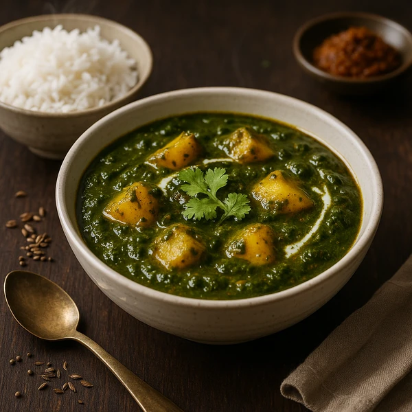 Špenátové kari s bramborami a rýží na páře