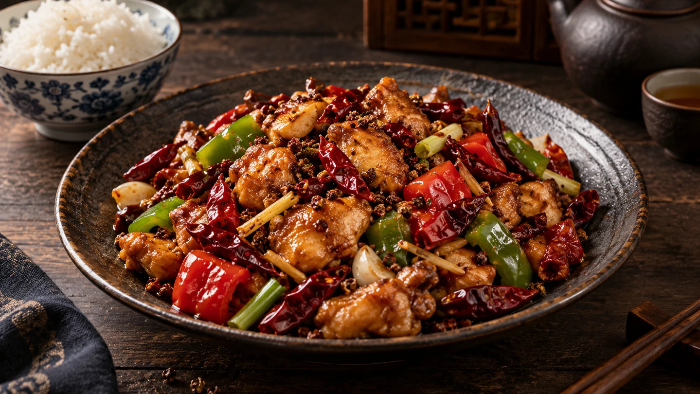 Kuřecí sečuánské stir-fry s paprikou, chilli a sečuánským pepřem