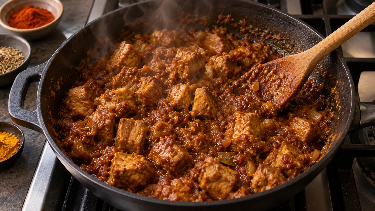 Vepřové Vindaloo během pomalého dušení v husté omáčce