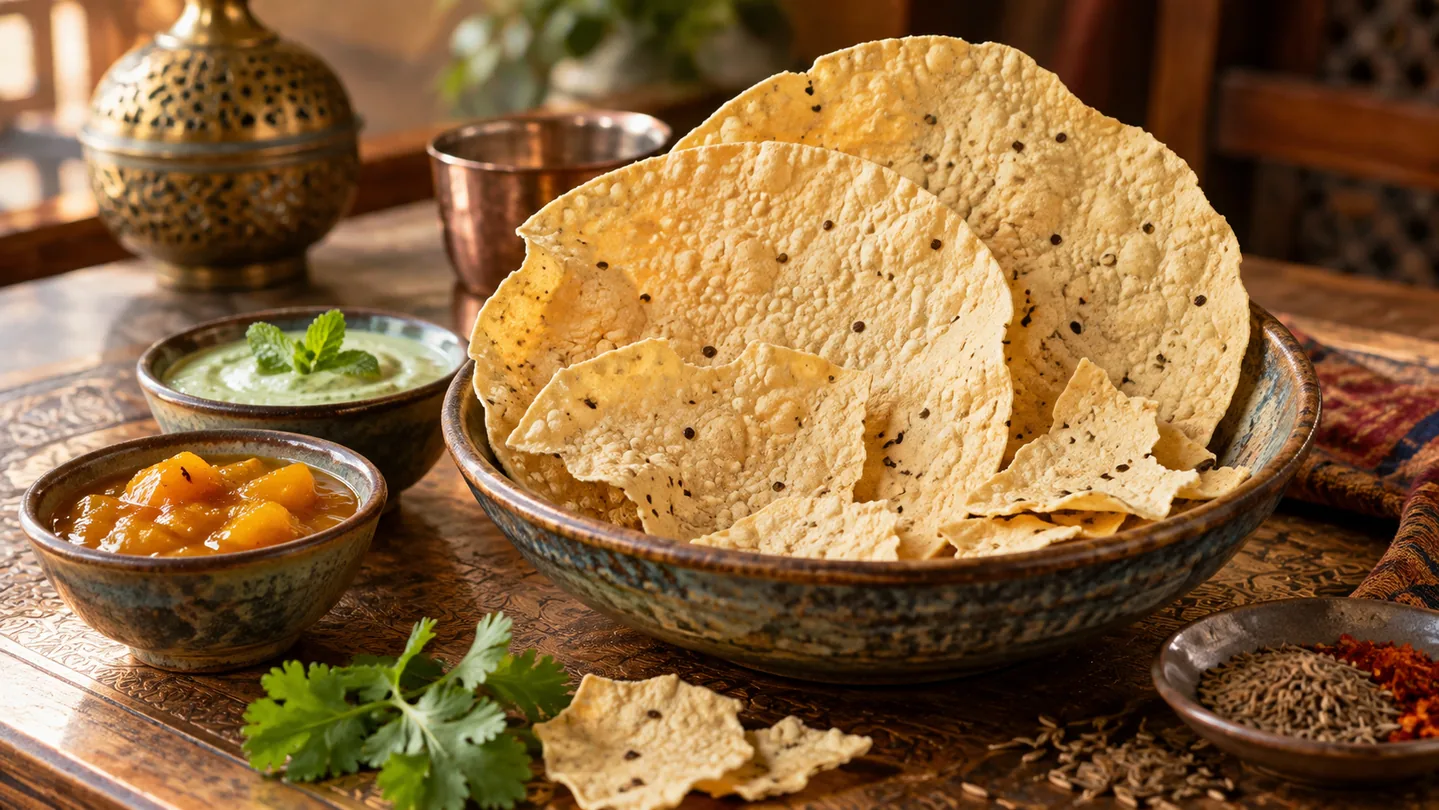 Křupavý papadum s mangovým chutney a mátovým dipem